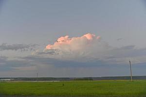 Evening forest horizon with thundery pink clouds photo