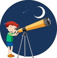 A boy looking through telescope at night vector