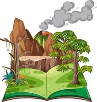 libro abierto con bosque prehistórico vector