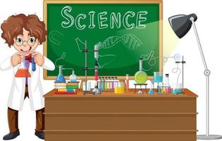 Scientist cartoon character with science lab objects vector