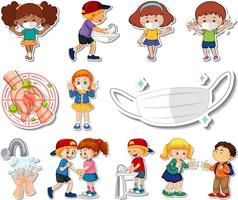 Sticker set of covid19 icons and cartoon characters vector
