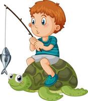 Kid sitting on turtle fishing vector