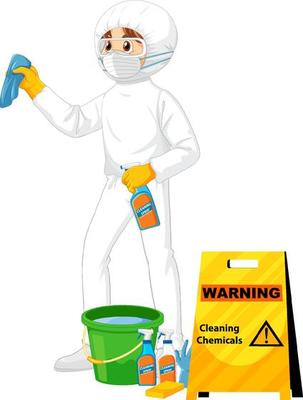 Man in protective hazmat suit with cleaning chemicals sign