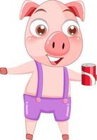 Cute pig cartoon character holding soda can vector