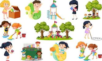 conjunto de diferentes niños y objetos lindos vector