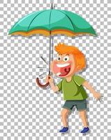 A boy holding umbrella laughing on grid background vector