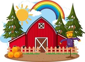 granero de granja con árbol y arco iris vector