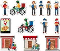 Sticker set of delivery objects and cartoon characters vector