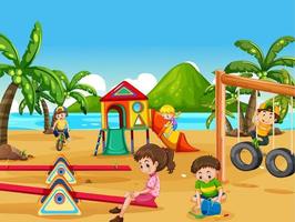 parque infantil en la playa con niños felices vector