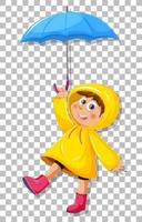 A boy in yellow raincoat with umbrell grid background vector