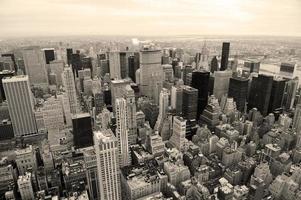 Manhattan skyline with New York City skyscrapers in black and white photo