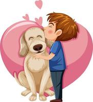 A boy playing with dog on heart background vector