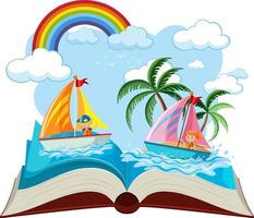 Open book with children enjoying summer at the beach vector