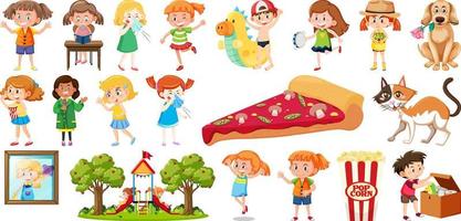 Set of different cute kids and objects vector