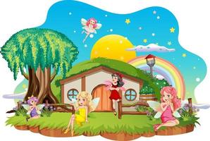 Fairies at hobbit house on white background vector