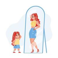 Kid Girl Dreaming Be Adult Woman In Mirror Vector