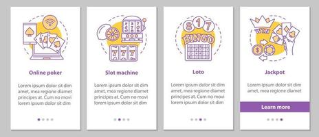 pantalla de la página de la aplicación móvil de incorporación de juegos de azar con conceptos lineales. casino. póquer en línea, lotería, máquinas tragamonedas, jackpot pasos instrucciones gráficas. ux, ui, plantilla vectorial gui con ilustraciones vector