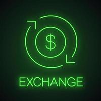 Dollar currency exchange neon light icon. Circle arrow with dollar sign inside. Refund glowing sign. Vector isolated illustration