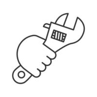 Hand holding wrench linear icon. Thin line illustration. Combination spanner turning bolt. Contour symbol. Vector isolated outline drawing