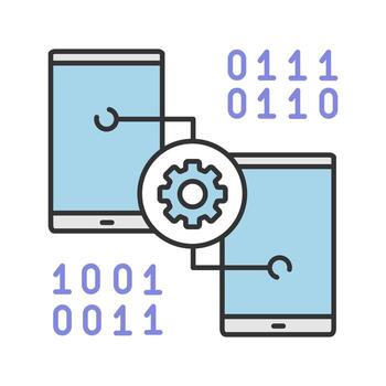 Smartphone settings color icon. App development. Phones with cogwheel and binary code. Isolated vector illustration