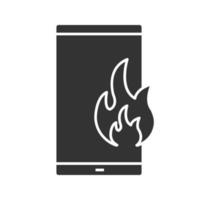 Fire emergency calling glyph icon. Broken phone. Deadline. Smartphone with flame. Silhouette symbol. Negative space. Vector isolated illustration