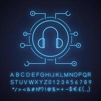 Online listening to music neon light icon. Audiofiles. Playlist. Glowing sign with alphabet, numbers and symbols. Vector isolated illustration