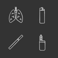 conjunto de iconos de tiza para fumar. pulmones humanos, encendedor, cigarrillo, caja de vape mod. Ilustraciones de vector pizarra