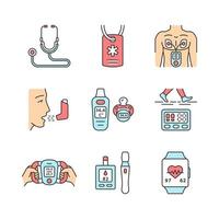 conjunto de iconos de color de dispositivos médicos. estetoscopio, collar de identificación de alerta médica, inhalador, estimulador muscular, frecuencia cardíaca, monitor de azúcar en la sangre, podómetro, termómetro para bebés. ilustraciones de vectores aislados