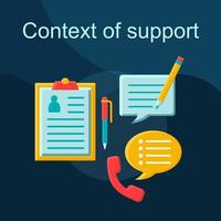 Context of support flat concept vector icon. Social license idea cartoon color illustrations set. Contact us. Infocenter. Secretary. Isolated graphic design element