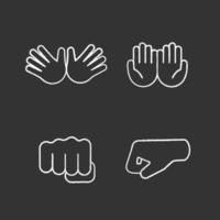 Hand gesture emojis chalk icons set. Jazz, hug, begging gesturing, punching fists. Cupped and opened palms. Isolated vector chalkboard illustrations