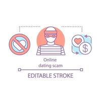 Online dating scam concept icon. Love cheating idea thin line illustration. Heart with forbidden sign. Romance scammer. Feelings for money exchange. Vector isolated outline drawing. Editable stroke