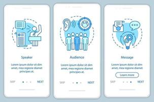 Rhetorical triangle onboarding mobile app page screen vector template. Leadership skills. Speaker, audience, message. Walkthrough website steps with line icons. UX, UI, GUI smartphone interface