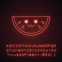 Watermelon cute kawaii neon light character. Berry with smiling face. Happy food. Funny emoji, emoticon, smile. Glowing icon with alphabet, numbers, symbols. Vector isolated illustration