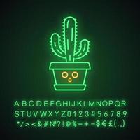 Elephant cactus cute kawaii neon light character. Pachycereus with hushed face in pot. Mexican giant cardon. Funny emoji, emoticon. Glowing icon with alphabet, symbols. Vector isolated illustration