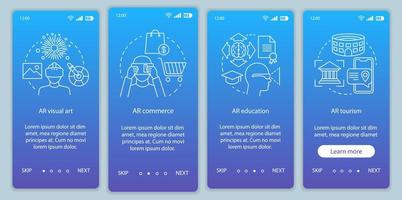 Augmented reality industry onboarding mobile app page screen with concepts. AR visual art, commerce, e learning, tourism walkthrough steps graphic instructions. UX, UI, GUI vector template with icons