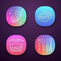 Zero waste swaps handmade app icons set. Eco friendly products. Eco sponges, reusable lunch box, food containers. UI UX user interface. Web or mobile applications. Vector isolated illustrations