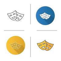 Comedy and tragedy masks icon. Theater. Drama. Flat design, linear and color styles. Isolated vector illustrations