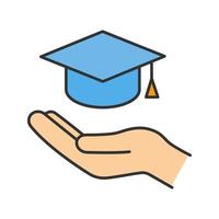 Accessible or free education color icon. Open hand with graduation cap. Getting diploma. Isolated vector illustration