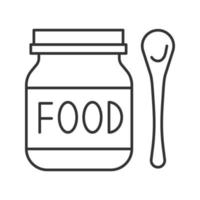 Baby food linear icon. Healthy nutrition. Thin line illustration. Fruit puree jar with spoon. Contour symbol. Vector isolated outline drawing