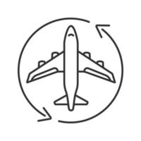 Flight transit linear icon. Circle arrow with airplane inside. Thin line illustration. Plane transfer. Flights management. Contour symbol. Vector isolated outline drawing