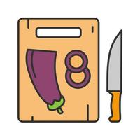 Cutting board with sliced eggplant color icon. Isolated vector illustration