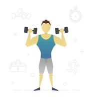 Person with dumbbells flat character design. Sportsman, bodybuilder. Vector isolated illustration