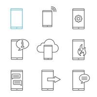 Phone communication linear icons set. Smartphone, call, settings, info chat, cloud storage, emergency, sms, data transfer, message. Thin line contour symbols. Isolated vector outline illustrations