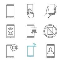 Phone communication linear icons set. Smartphone prohibition, touchscreen, hand with phone, sms, chat, video call, incoming call, user. Thin line contour symbols. Isolated vector outline illustrations