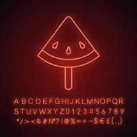 Watermelon slice on stick neon light icon. Glowing sign with alphabet, numbers and symbols. Vector isolated illustration