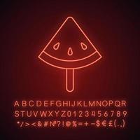 Watermelon slice on stick neon light icon. Glowing sign with alphabet, numbers and symbols. Vector isolated illustration