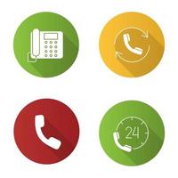 conjunto de iconos de glifo de sombra larga de diseño plano de comunicación telefónica. teléfono fijo, hotline, microteléfono, llamadas. ilustración de silueta vectorial vector