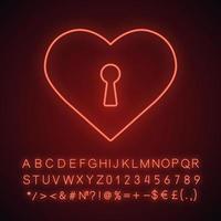 Heart with keyhole neon light icon. Valentine's Day. Glowing sign with alphabet, numbers and symbols. Vector isolated illustration