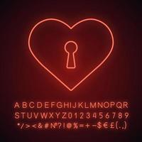 Heart with keyhole neon light icon. Valentine's Day. Glowing sign with alphabet, numbers and symbols. Vector isolated illustration