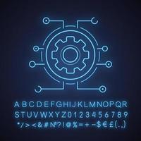Settings digital neon light icon. Gear. Glowing sign with alphabet, numbers and symbols. Cogwheel in microchip pathways. Cyber technology. Vector isolated illustration